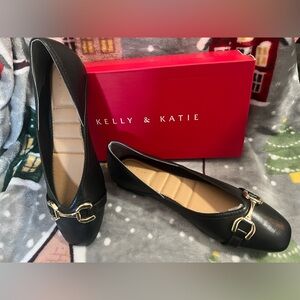 Kelly & Katie Black Loafers with Gold Buckles